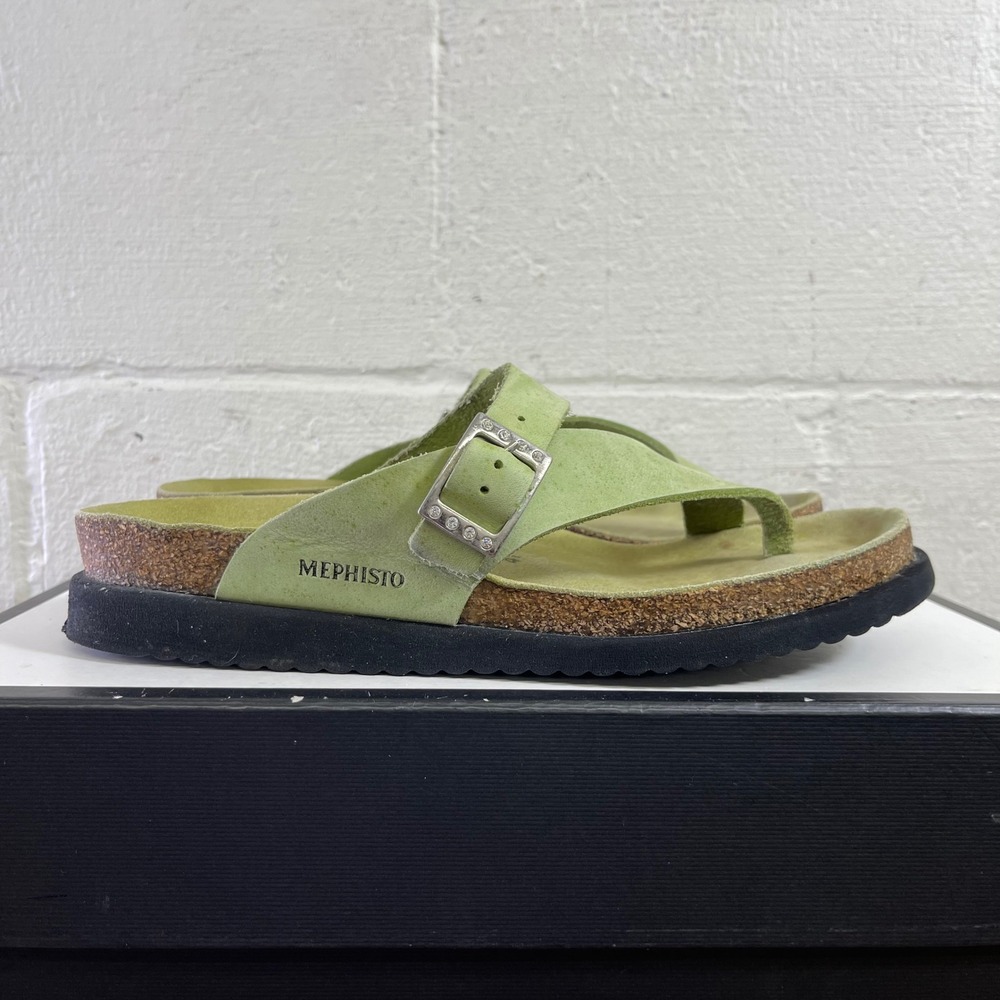 Mephisto Helen Sandals Lime Green Nubuck Buckle Cork Slip On Womens 41 EU/11 US